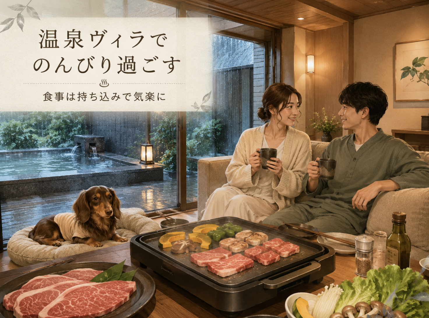 楽天ステイ強羅で持ち込み食材を使って鉄板焼きを楽しむイメージ