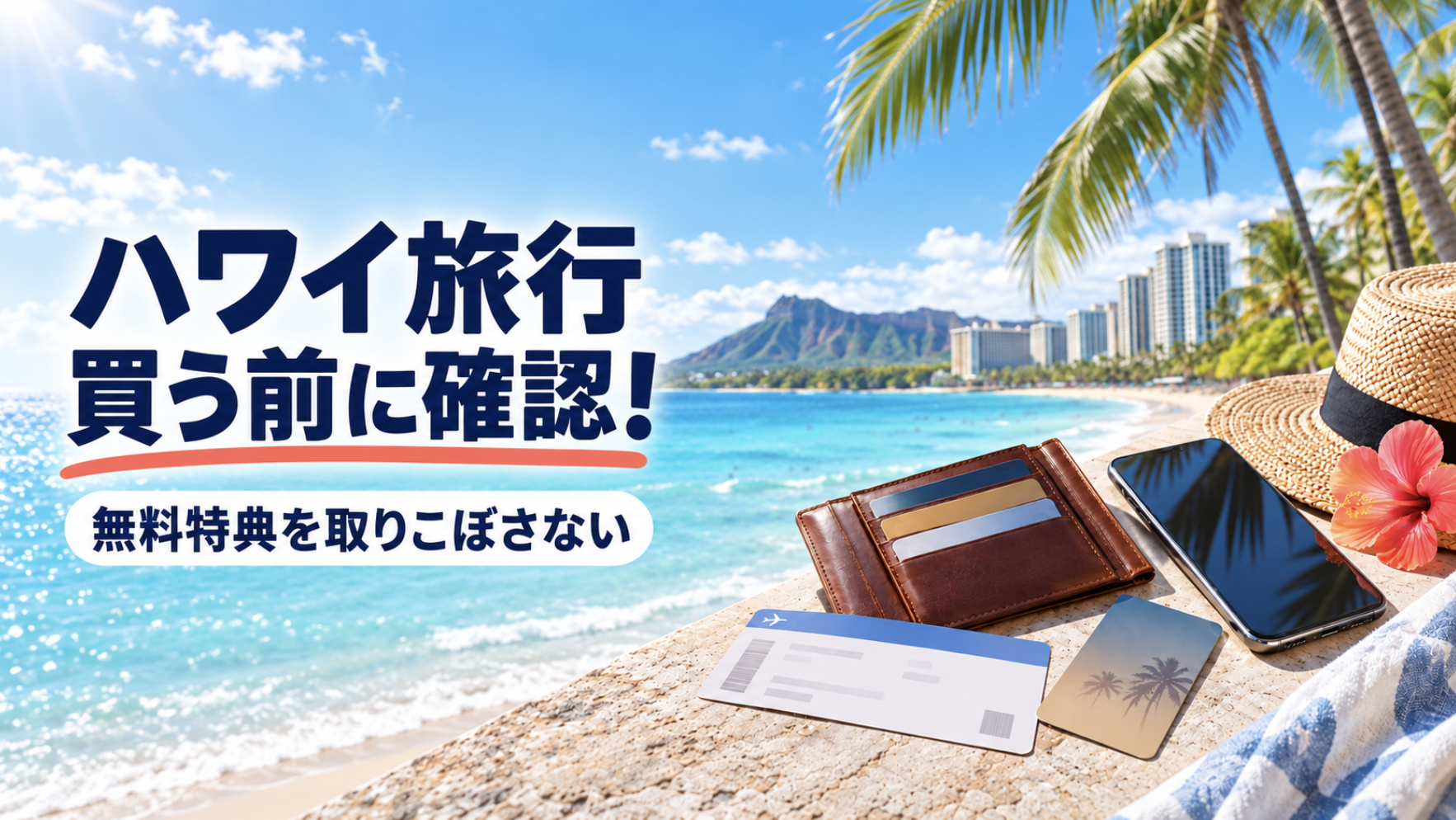 ハワイ旅行で新しく買う前に無料特典を確認するアイキャッチ