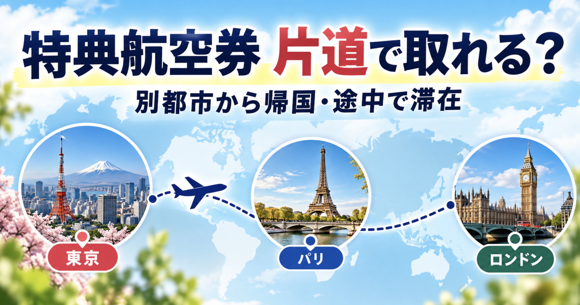 特典航空券の片道発券と別都市からの帰国、途中降機を解説する記事のアイキャッチ