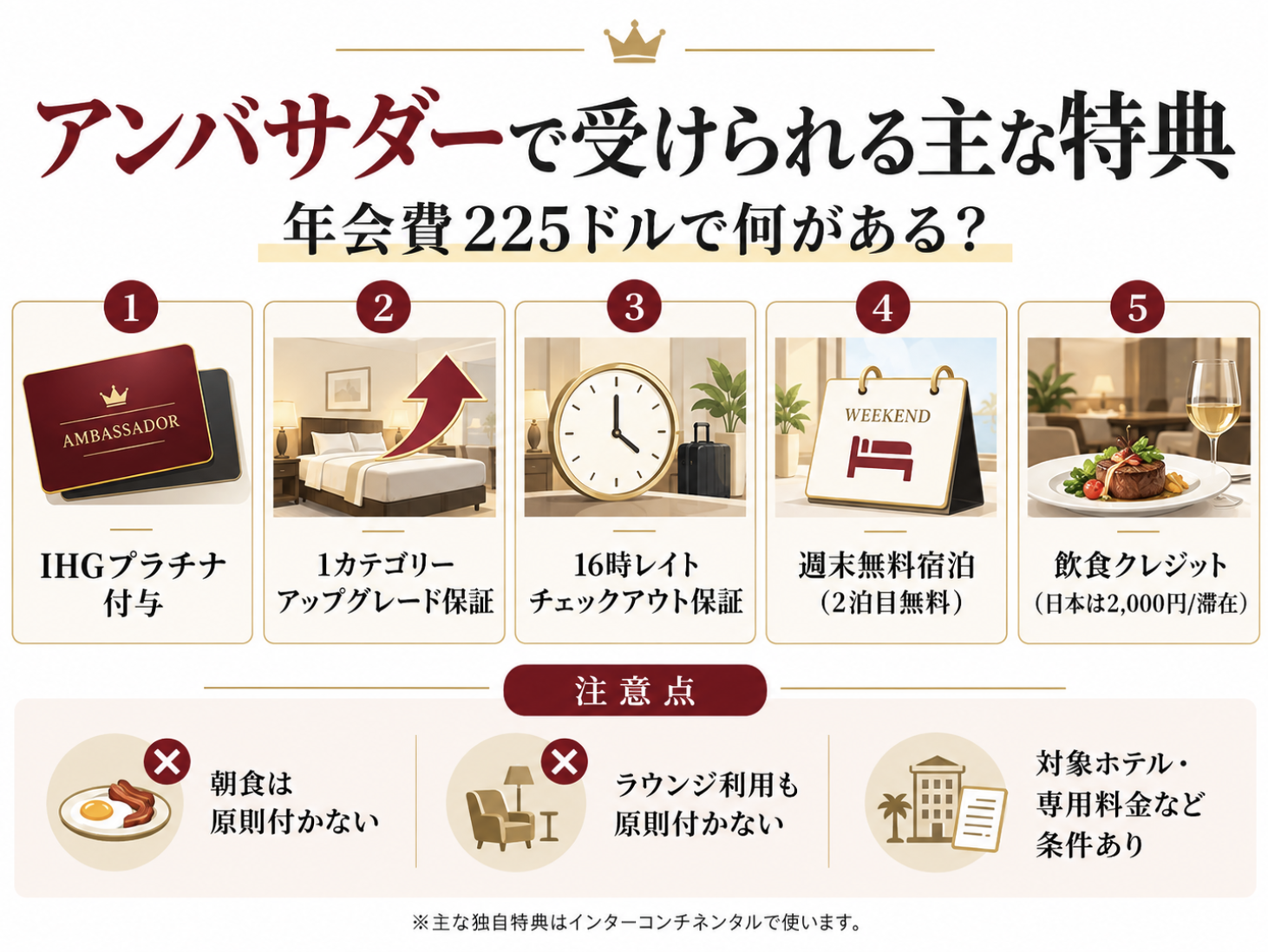 IHGアンバサダーの主な特典と注意点をまとめた図解